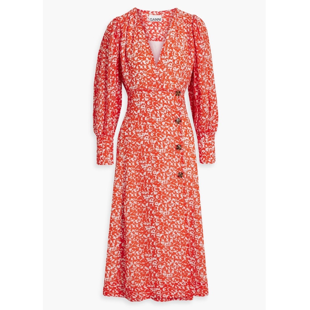 GANNI Printed Crepe Midi Dress Floral